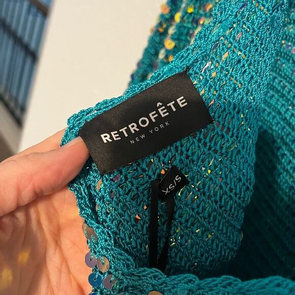 Retrofete NWT Tara Sequin Long Sleeve Crochet Mini Dress Turquoise Blue Green S - Picture 5 of 13